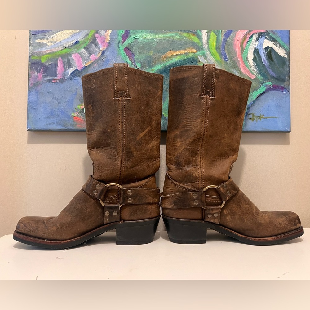 FRYE Women's Leather O-Ring Harness Hardware Square Toe Tall Moto Boots